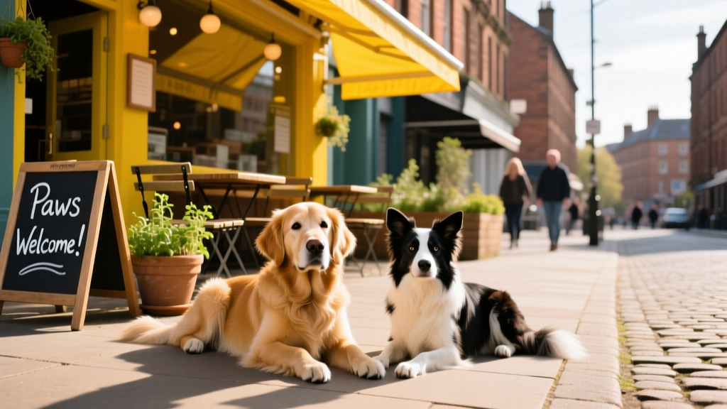 Two dogs resting peacefully on a sunny pavement outside a brightly lit Glasgow café with outdoor seating