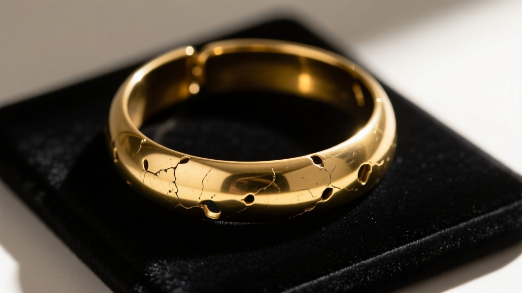 Macro photo showing the thin hollow interior of a dented gold-plated brass collar necklace resting on a dark velvet jewelry pad