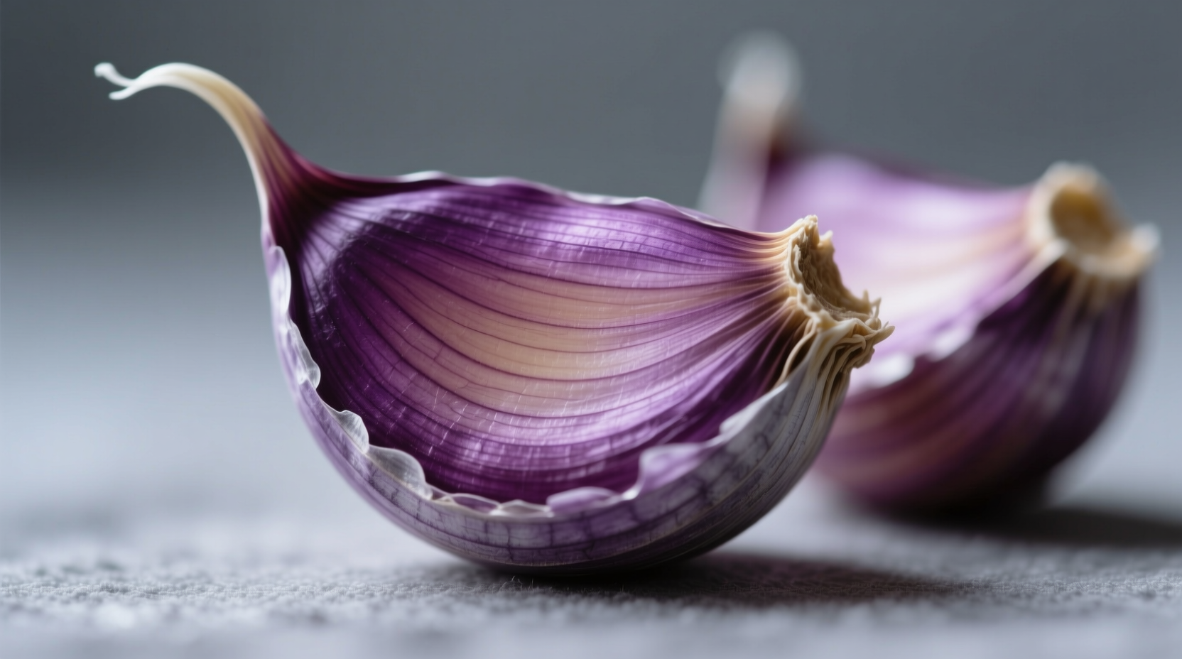 Close-up of purple garlic cloves with visible streaks
