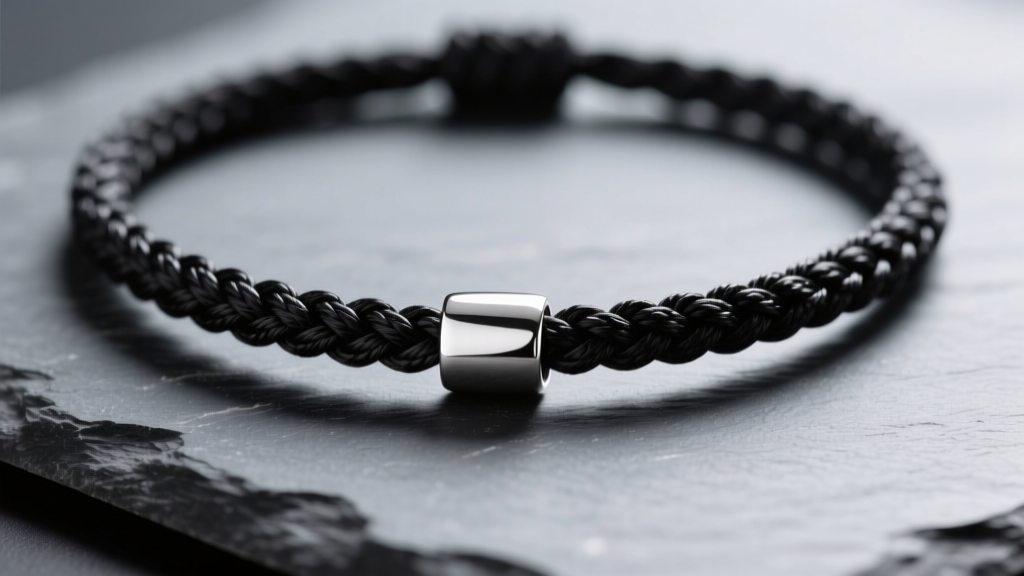Close-up of braided black waxed cotton cord necklace with silver pendant resting on dark slate surface under soft studio lighting