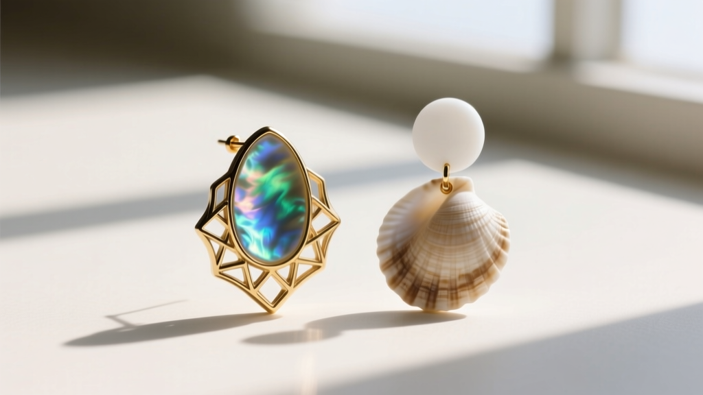 Macro photography comparing the iridescent nacre of a carved mother of pearl earring next to a matte white natural puka shell earring
