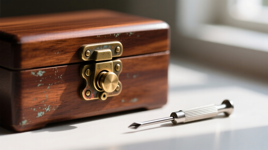 Tarnished brass push-button jewelry box clasp on mahogany veneer, with a small precision screwdriver resting beside it.