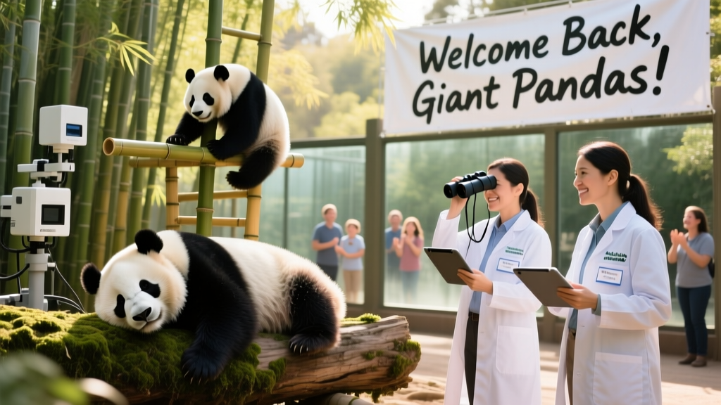 Conservation scientists observing pandas in a research setting with bamboo and monitoring equipment