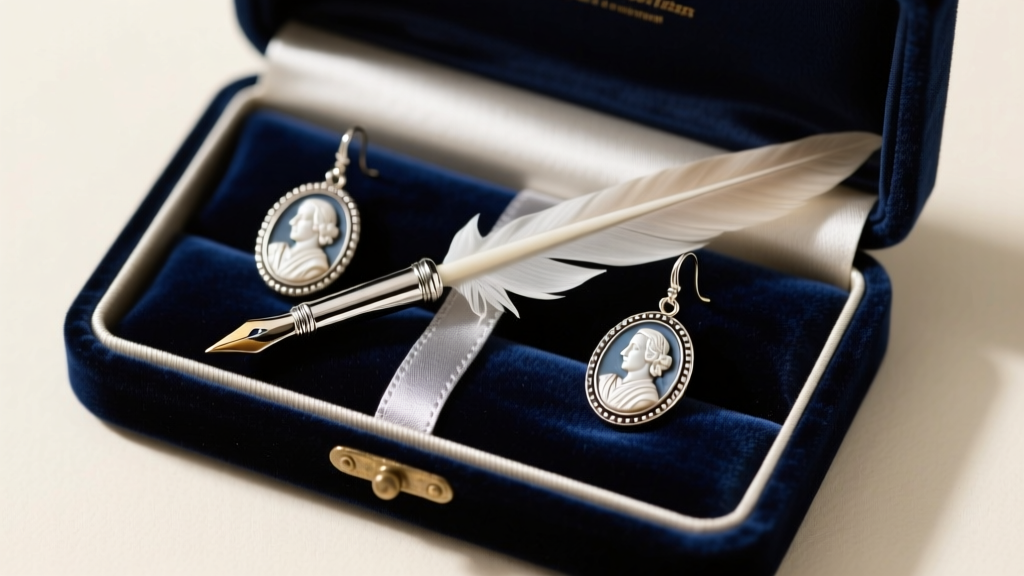 Literary quill and Shakespeare cameo earrings stored neatly inside a lined jewelry box with anti-tarnish silver cloth strips