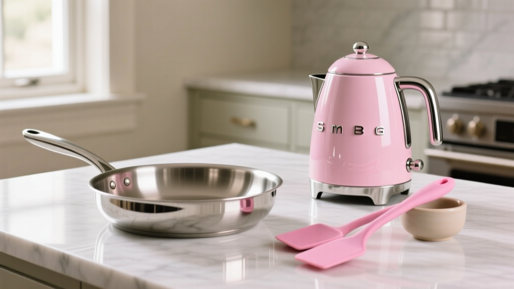 Gleaming All-Clad stainless steel skillet on a marble counter next to a pastel pink Smeg kettle and pink silicone spatulas in a ceramic crock
