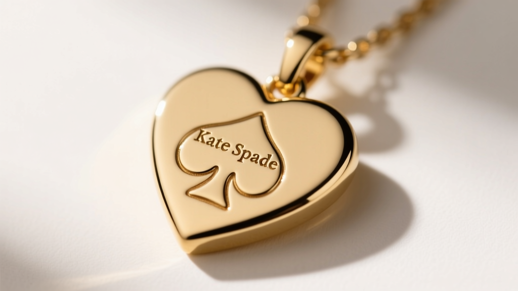Close-up of an authentic Kate Spade heart pendant back showing the deeply engraved spade logo and smooth gold-plated brass finish