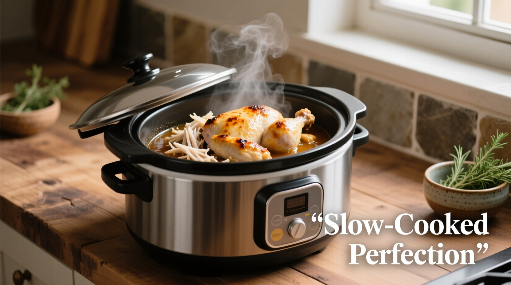 Slow cooker with perfectly cooked shredded chicken