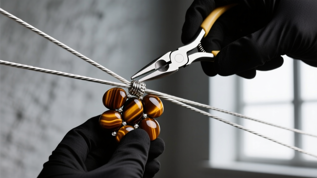 Hands using flat-nose pliers to secure a silver crimp bead on 49-strand steel wire while restringing heavy tiger eye gemstones.