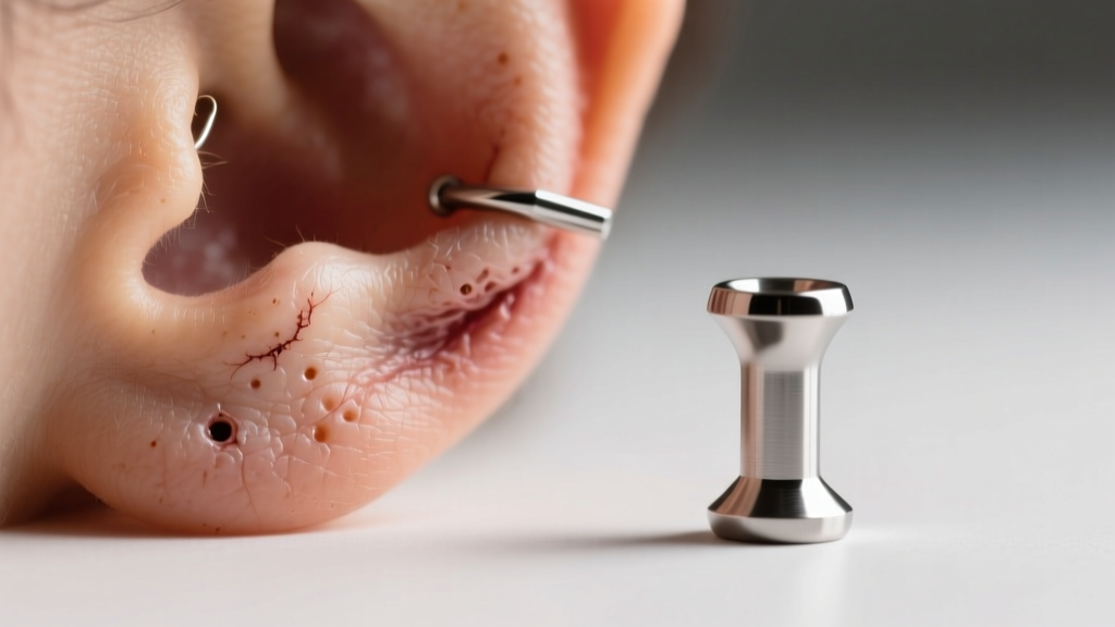 Macro view of a healed 18-gauge earlobe fistula beside a polished titanium labret stud under soft studio lighting.