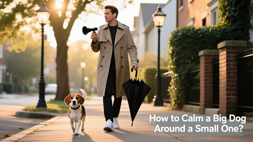 A person holding a compact air horn and folding umbrella while walking a small dog on a quiet street