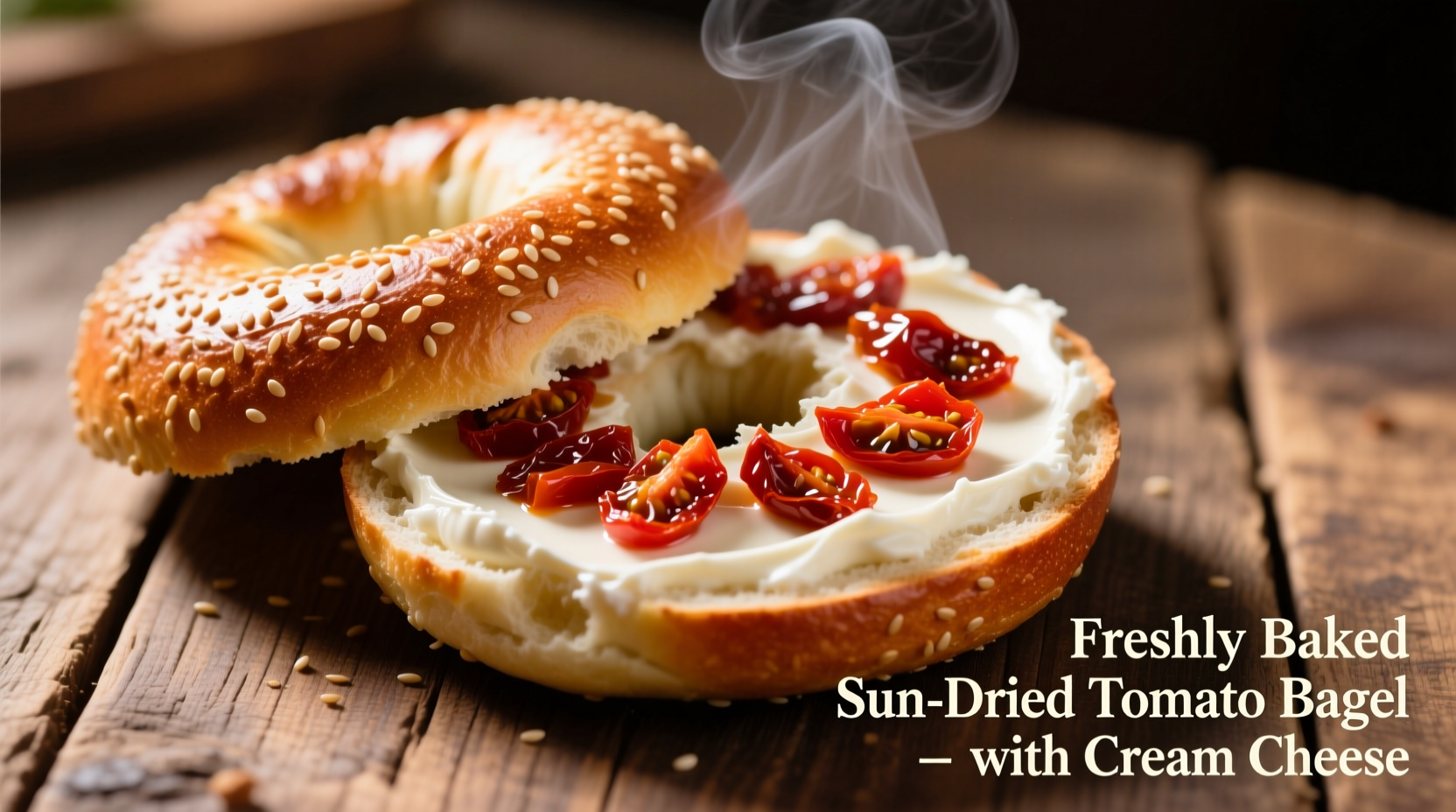 Freshly baked sun dried tomato bagel with cream cheese