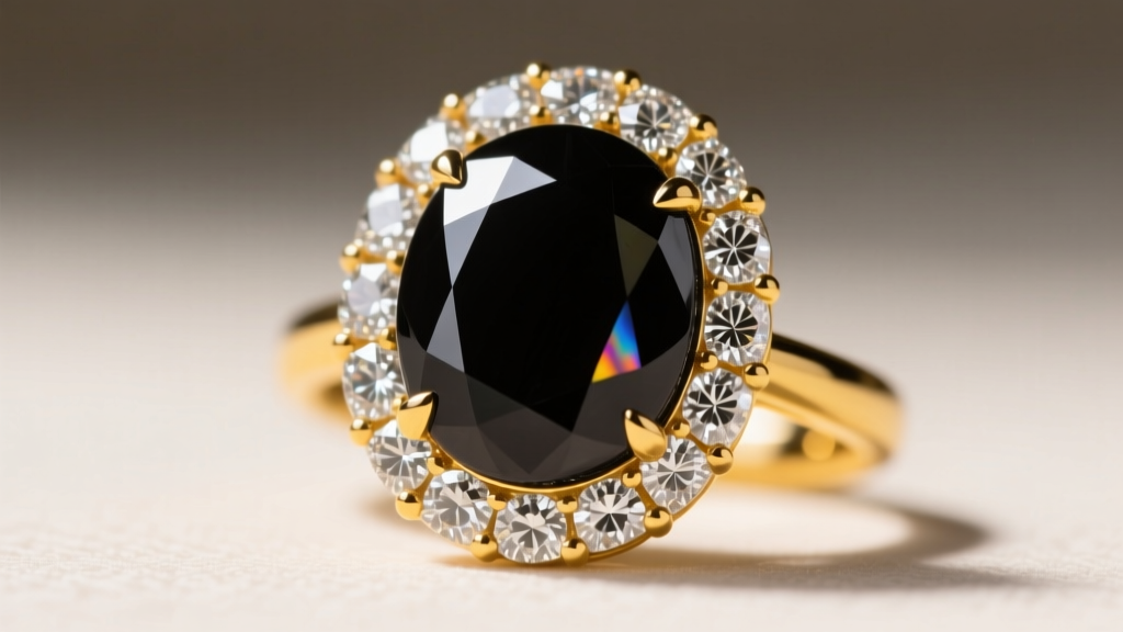 Macro shot of a black onyx cabochon with a diamond halo, showing the smooth waxy luster of the opaque stone against yellow gold.