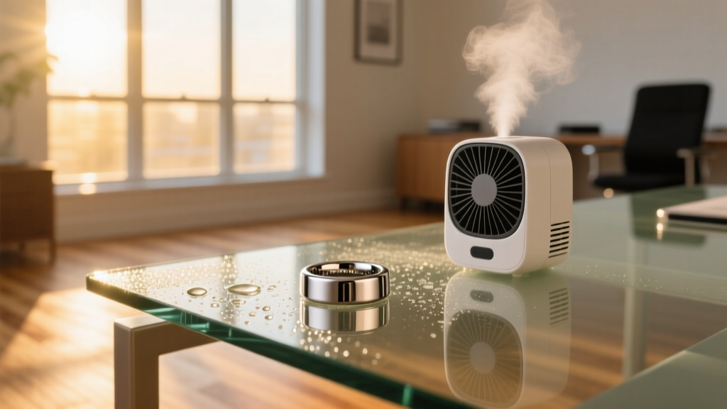 Titanium smart ring on a condensation-covered desk next to a running portable evaporative air cooler in a sunlit home office