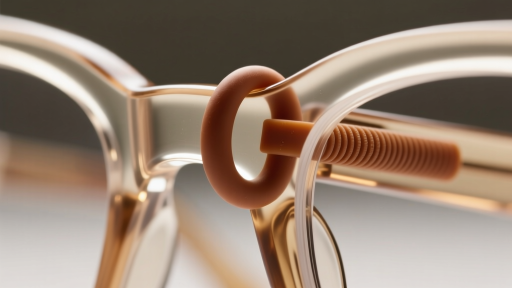 Macro shot of a rubber eyeglass loop gripping the temple tip of an acetate frame, highlighting the textured inner grip pattern.