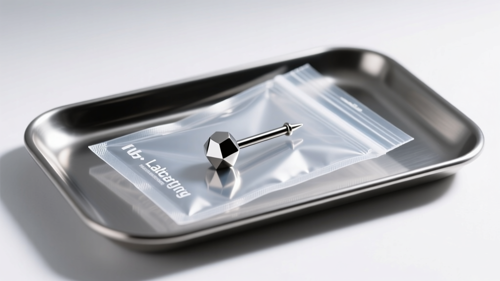 Sealed medical sterilization pouch containing a titanium labret stud on a stainless steel tray under bright studio lighting