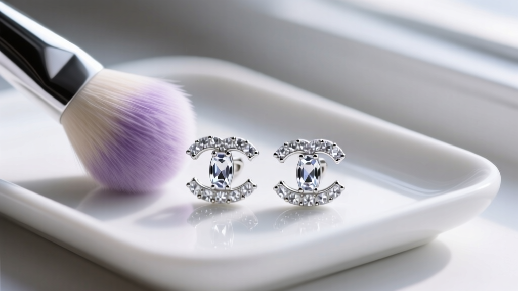 A soft-bristled makeup brush gently dusting the crevices of a crystal-encrusted double C earring held over a white ceramic tray