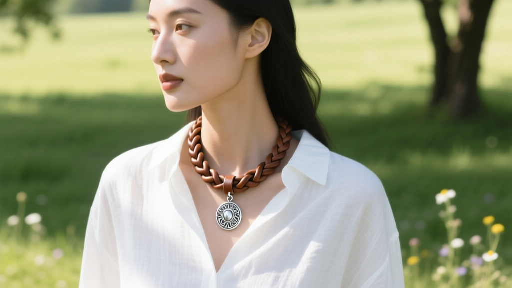 Model wearing a thick braided leather necklace with a silver pendant over a white linen shirt in bright natural outdoor light.