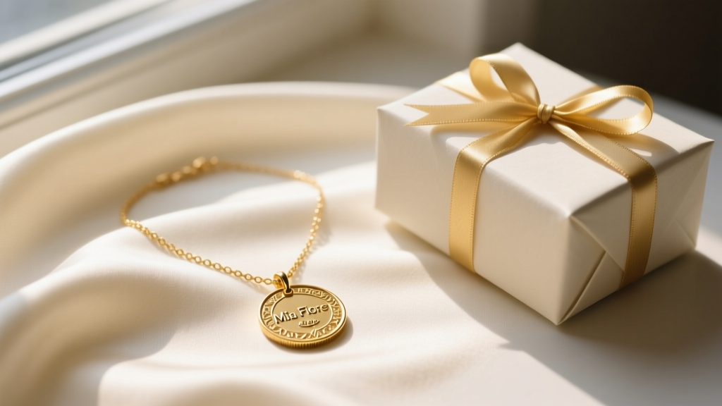 Gold vermeil Mia Fiore coin necklace resting on cream silk fabric next to a wrapped gift box, illuminated by soft morning light