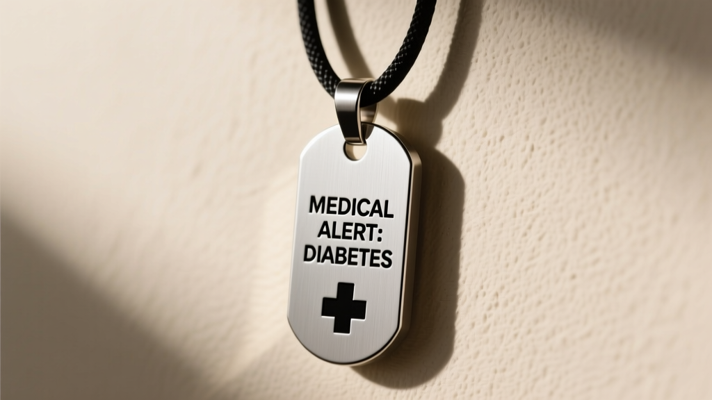 Laser-engraved Grade 5 titanium medical ID pendant on a PTFE cord, showing high-contrast black text against brushed silver metal