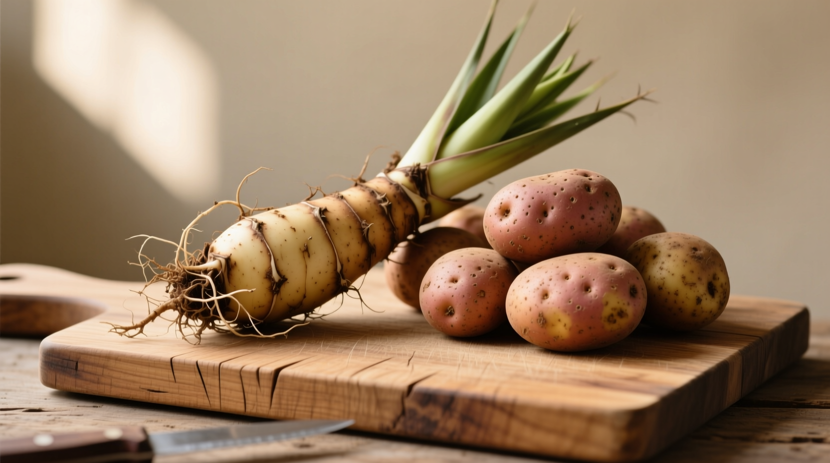 Fresh yucca root next to russet potatoes on wooden cutting board