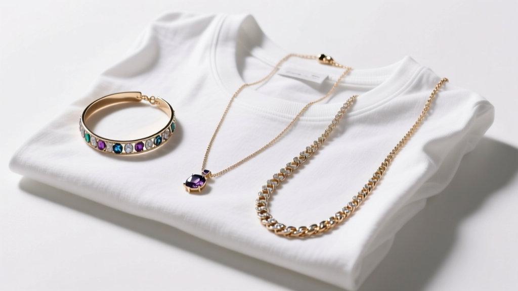 Flat lay of three necklace lengths, including a 16-inch choker and a 24-inch opera chain, arranged over a folded white cotton tee