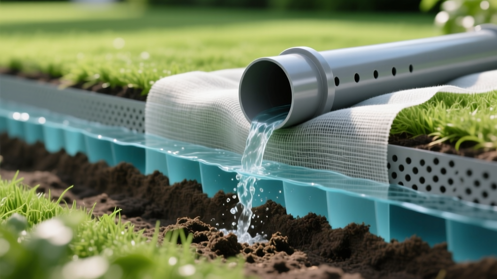 Cross-section diagram showing water flowing through nonwoven drainage fabric into a perforated pipe while blocking soil particles