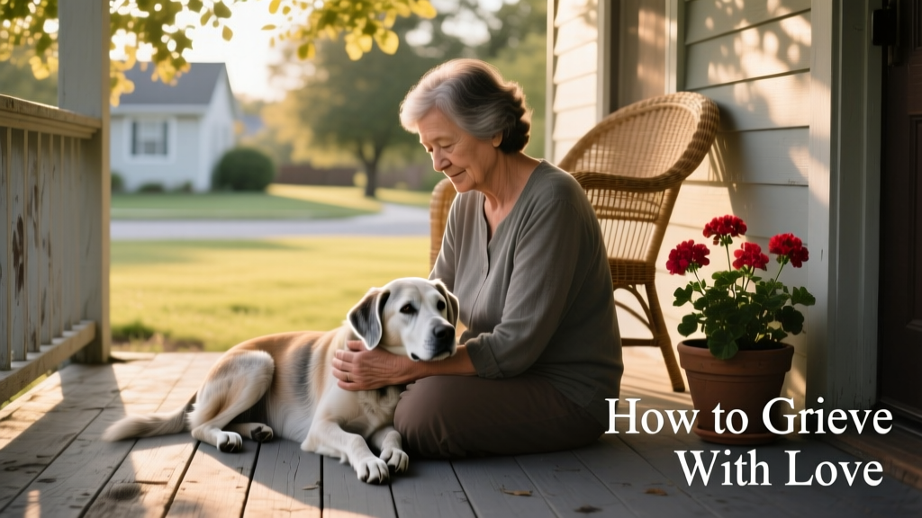 A person gently holding their senior dog’s paw while sitting quietly together on a sunlit porch