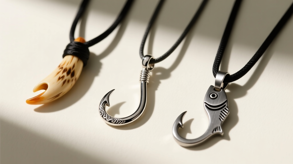 Comparison of a carved bone hook, a cast 925 sterling silver hook, and a forged 316L stainless steel fishhook necklace pendant