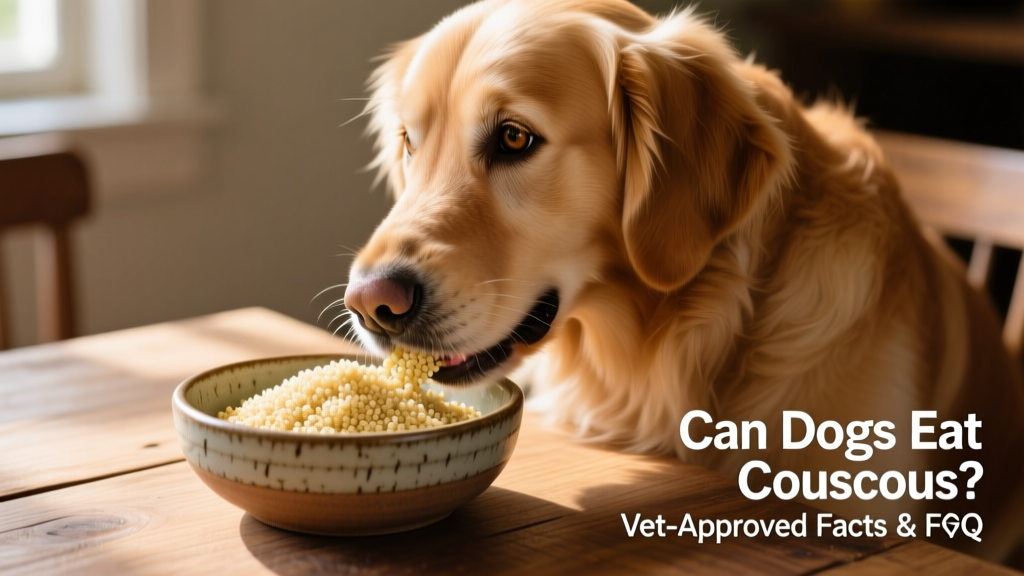 Close-up of a dog gently eating plain cooked couscous from a ceramic bowl