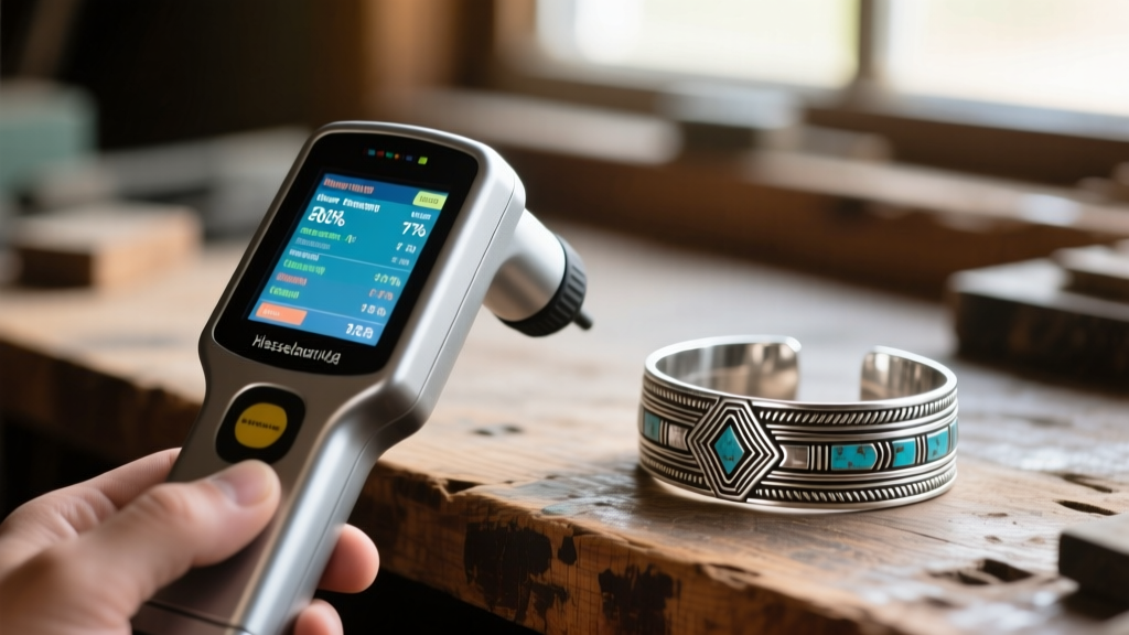 Handheld XRF spectrometer analyzing silver purity of a Hopi overlay bracelet on a wooden workbench, displaying trace element data