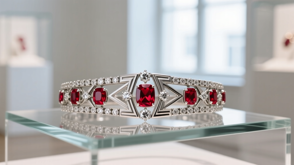 Close-up of an Art Deco platinum bracelet with rubies and old European diamonds resting on a glass auction house display stand