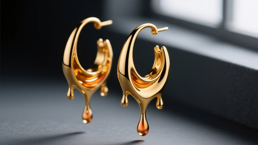 Macro shot of 18k gold vermeil dripping earrings with liquid metal texture, catching soft light on dark slate.