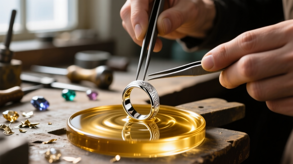 Close-up of a jeweler using tweezers to submerge a polished sterling silver ring into a glowing gold electroplating chemical bath in a workshop.