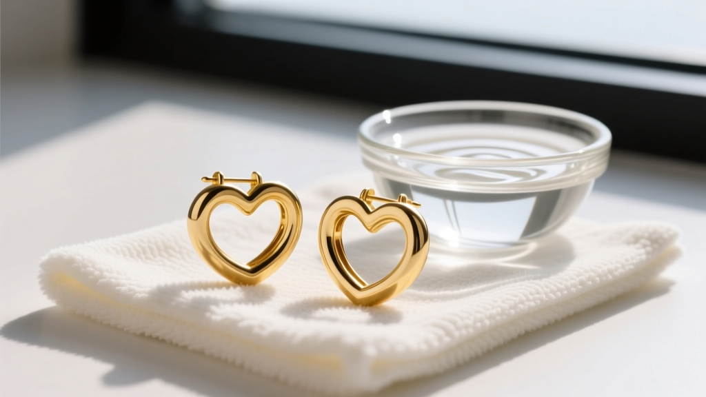 Close-up of 14k solid gold heart earrings hoops resting on a soft microfiber cleaning cloth with a small bowl of mild soapy water