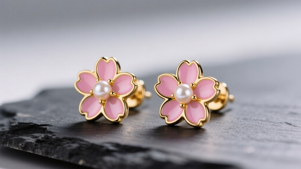 Macro shot of 18k gold sakura flower stud earrings with pink enamel petals and pearl centers on dark slate under soft lighting