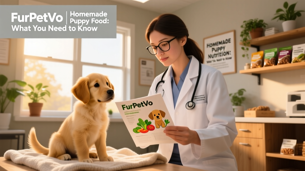 Veterinarian reviewing a puppy’s health record while holding a printed FurPetVo puppy nutrition guide