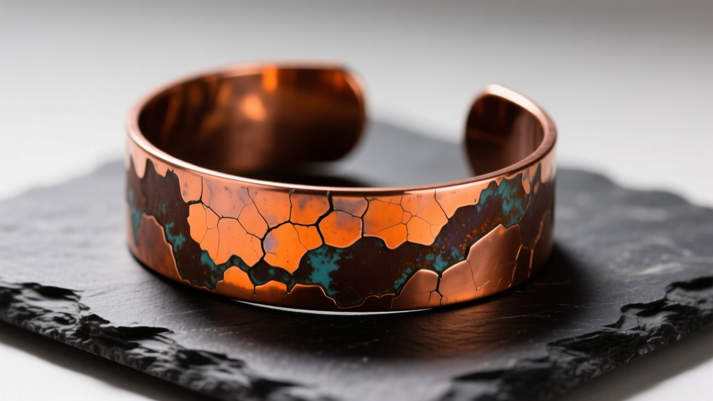 Close-up of an oxidized copper cuff bracelet on dark slate, showing the contrast between bright orange metal and dark brown patina.