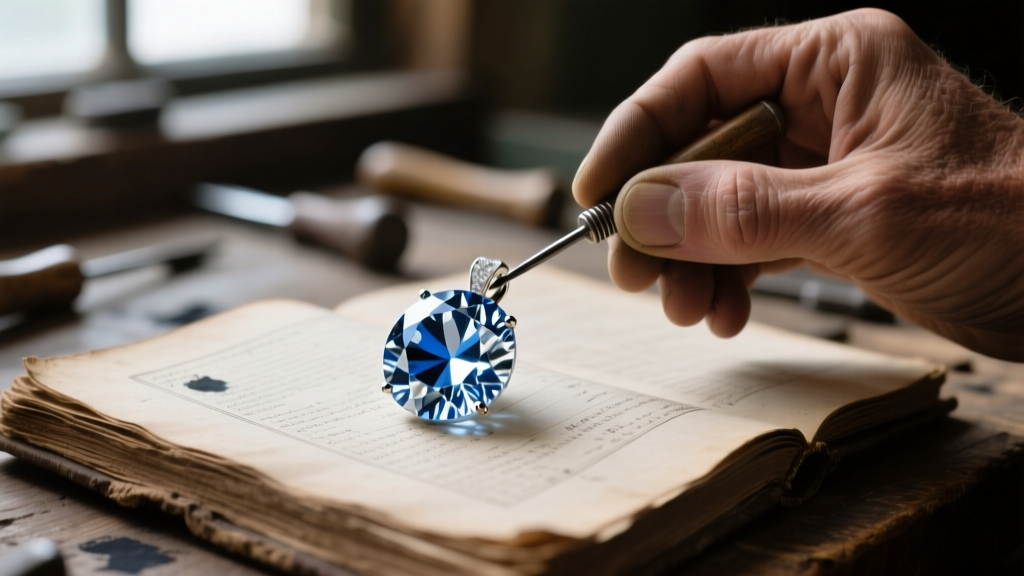 Macro shot of a diamond pendant on an antique ledger, beside a jeweler's loupe, with warm lighting highlighting the stone facets.