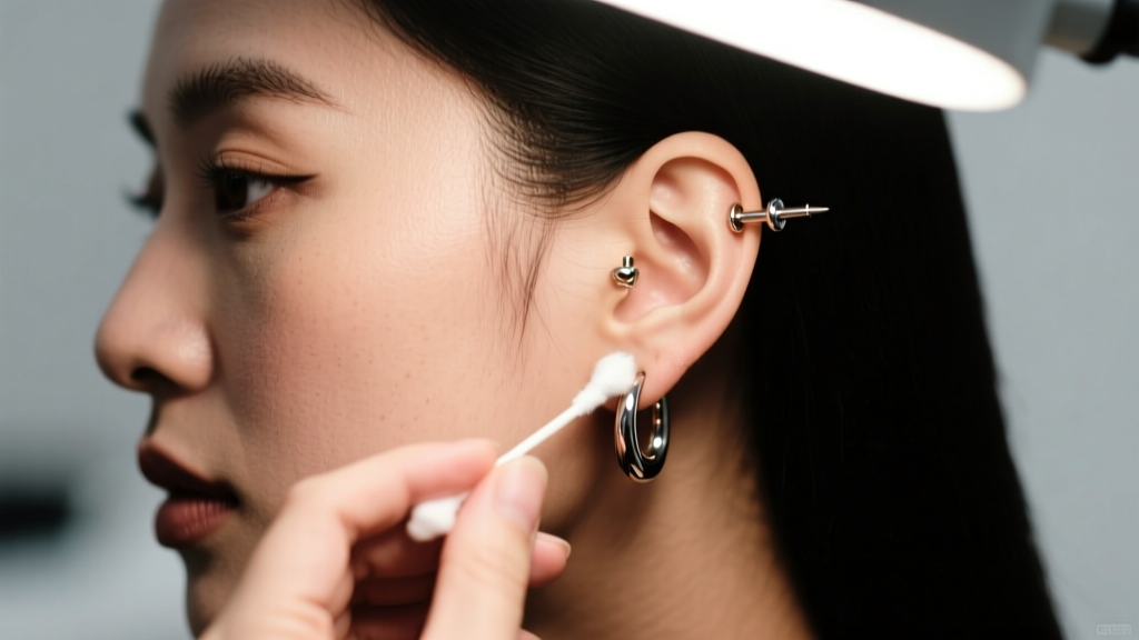 Piercer examining a stretched earlobe caused by heavy fashion earrings, using a sterile cotton swab and bright clinical lighting.