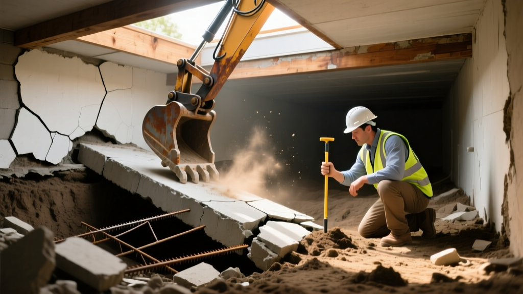 Excavator exposing a cracked concrete strip footing in a residential crawl space while a structural engineer inspects the soil bearing capacity