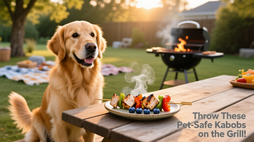 Happy golden retriever sitting beside a picnic table with a freshly grilled kabob treat nearby
