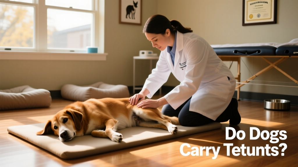 A calm, recovering dog receiving gentle physical therapy from a veterinary technician