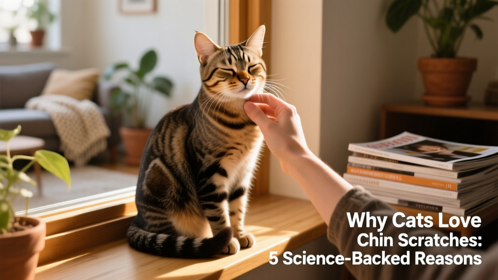 A relaxed cat sitting upright, head slightly tilted forward as a human gently scratches beneath its chin