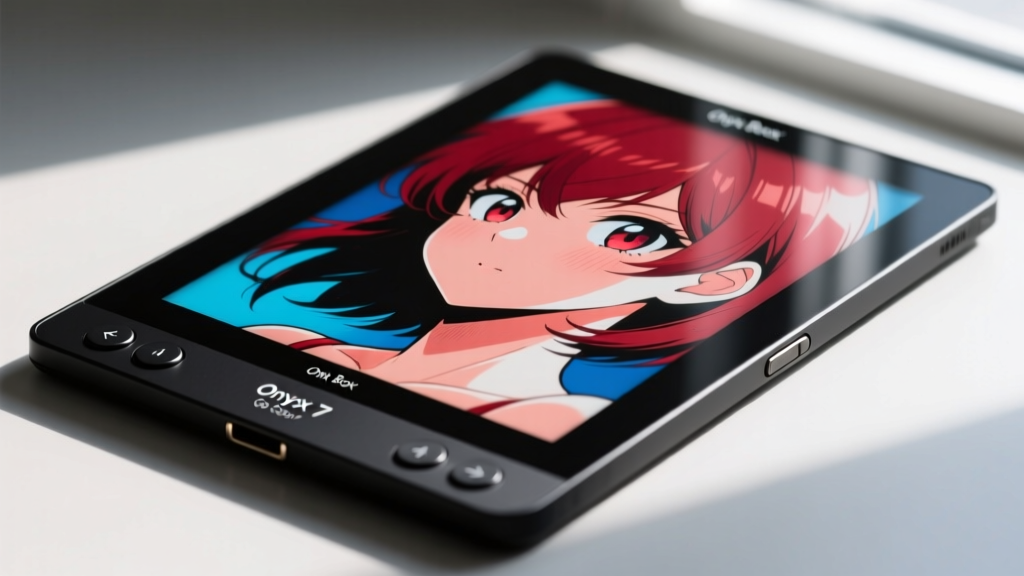 Close up of the Onyx Boox Go Color 7 e-reader displaying a vibrant full-color manga page with physical page turn buttons visible on bezel