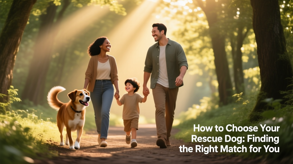 A joyful family walking their newly adopted rescue dog along a tree-lined trail, all smiling and connected