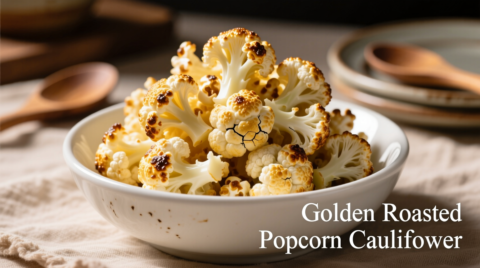 Golden roasted popcorn cauliflower in a white bowl