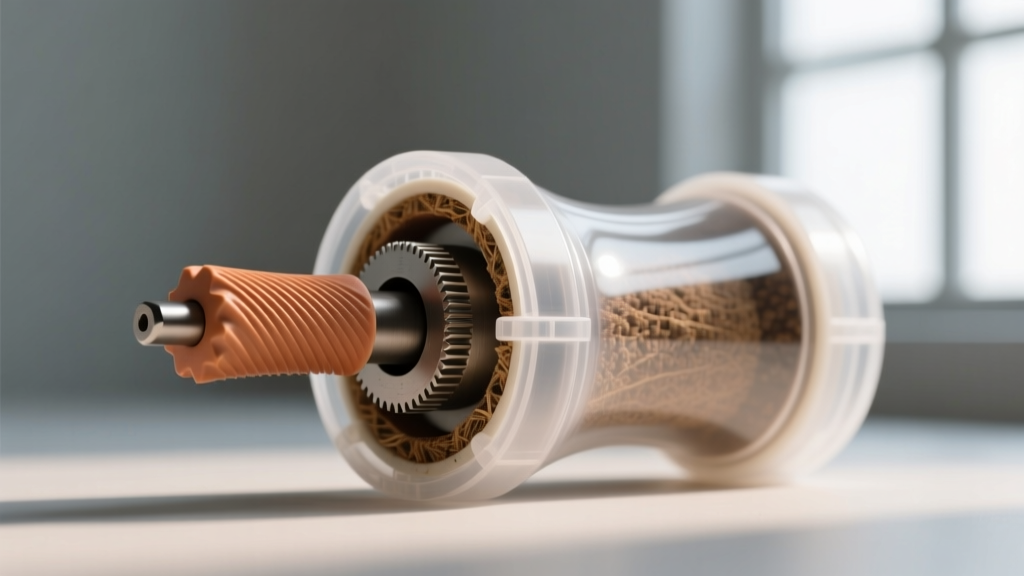 Cross-section diagram of a ceramic spice grinder burr mechanism showing the non-corrosive grinding teeth and recycled PET plastic housing