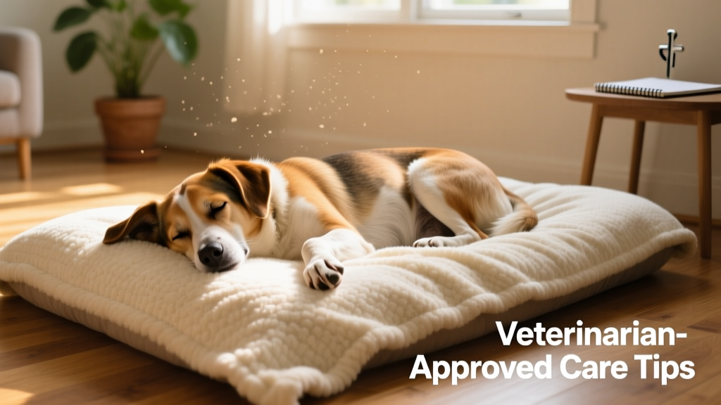 Dog lying quietly on a cozy bed with a soft blanket, looking relaxed but under the weather
