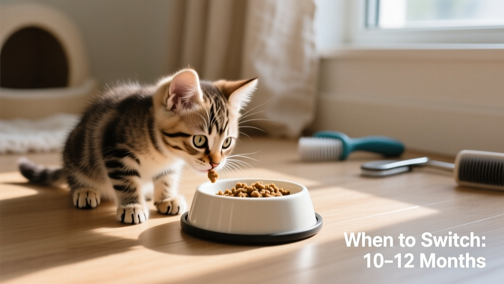 A curious 10-month-old tabby kitten sniffing a bowl of high-quality adult cat food beside an empty kitten food dish