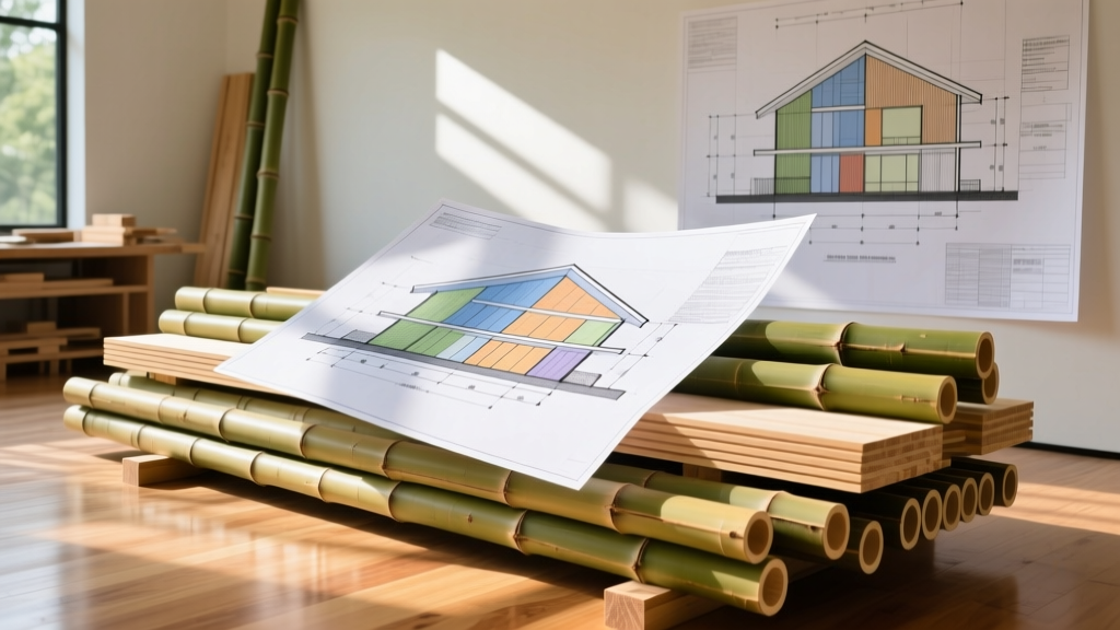 Architectural blueprint overlaid on stacked structural Guadua bamboo poles and laminated bamboo lumber beams in a modern workshop